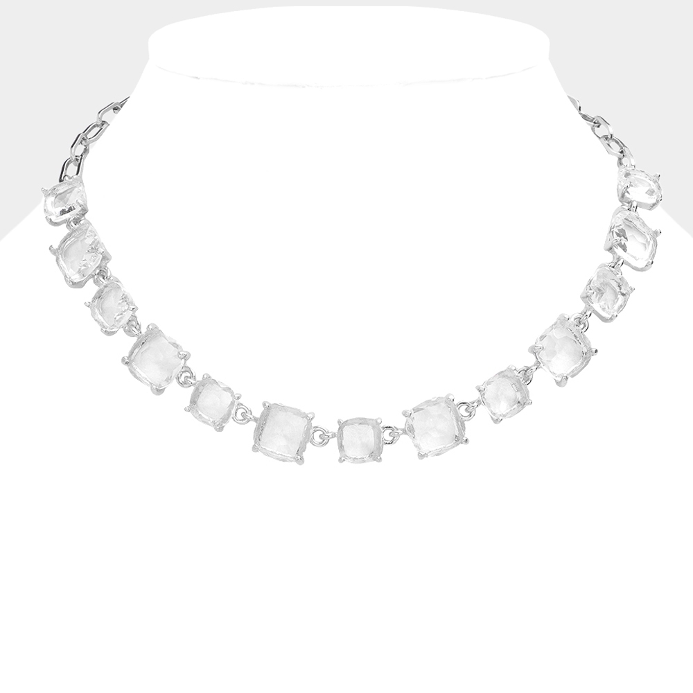 Silver Clear Square Stone Link Crystal Necklace Chain Evening